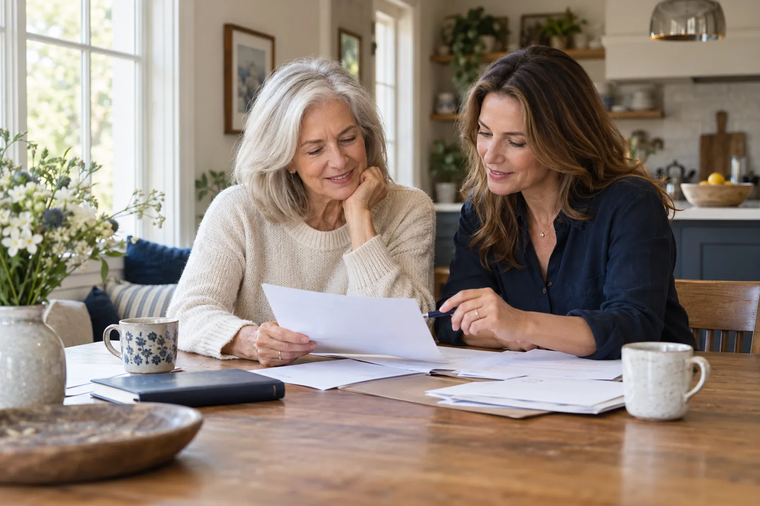 A mother and her adult daughter reviewing papers together at the kitchen table