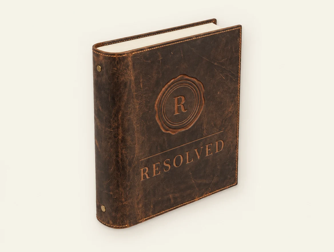 Distressed brown leather Resolved binder with the Resolved wax seal and name pressed into the cover, filled with cream pages