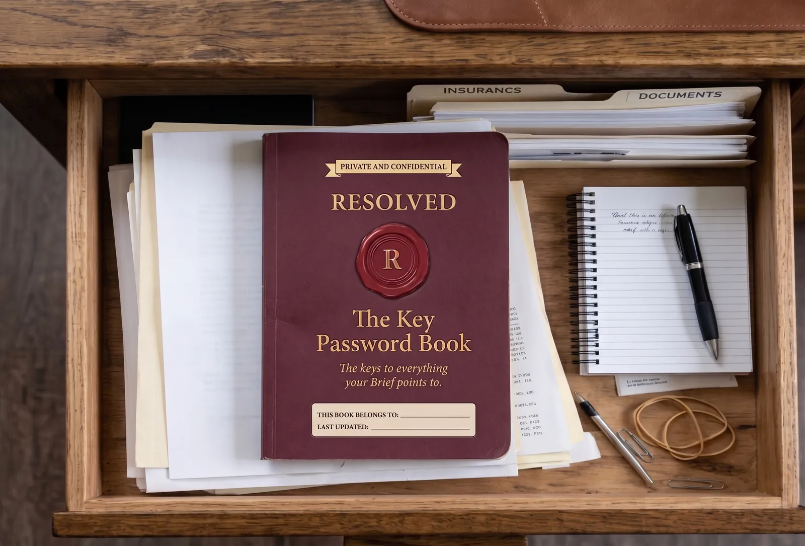 The Resolved Key Password Book stored with documents in a wooden desk drawer
