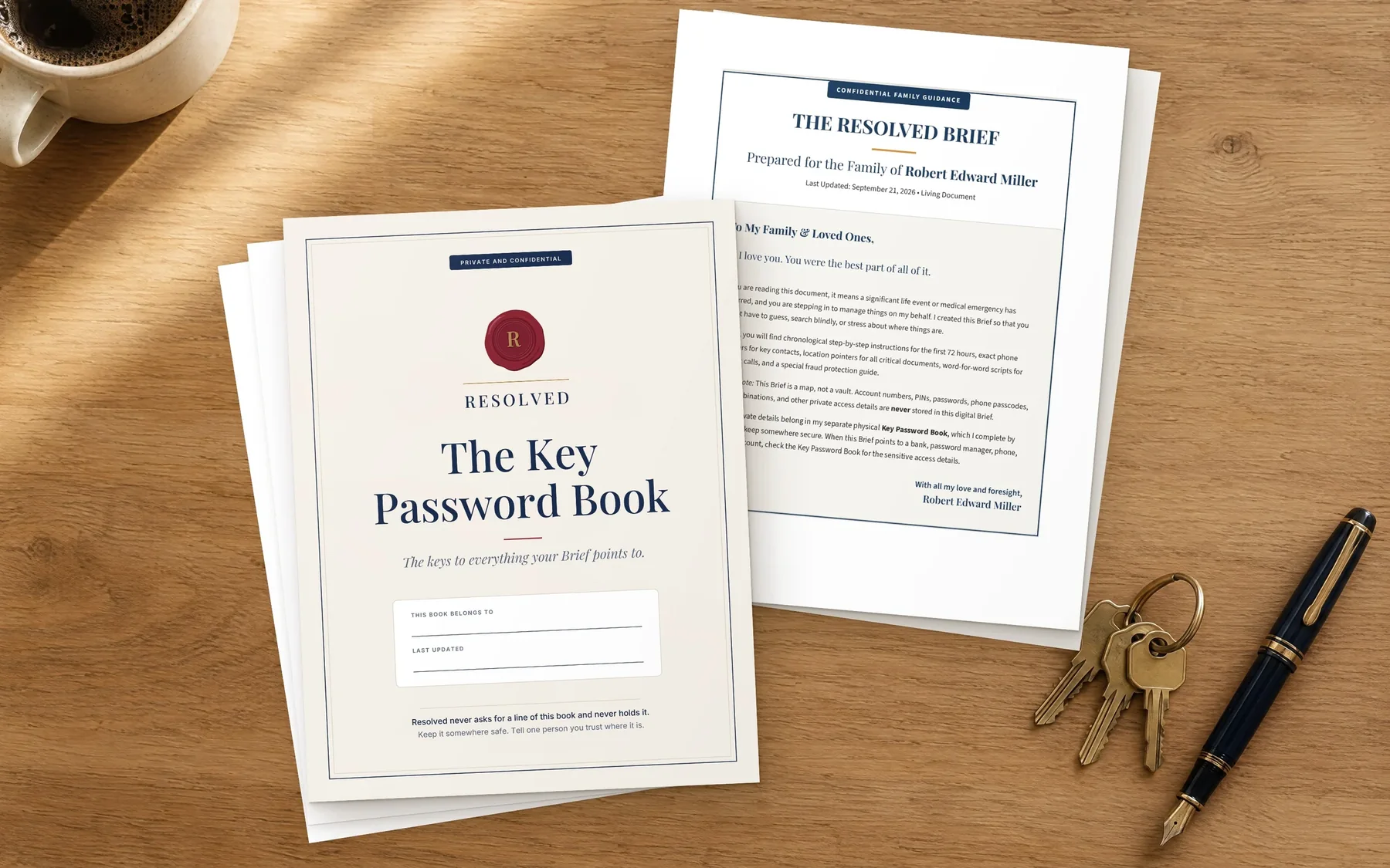 The printed Resolved Brief and the Key Password Book on a kitchen table, with house keys and a pen